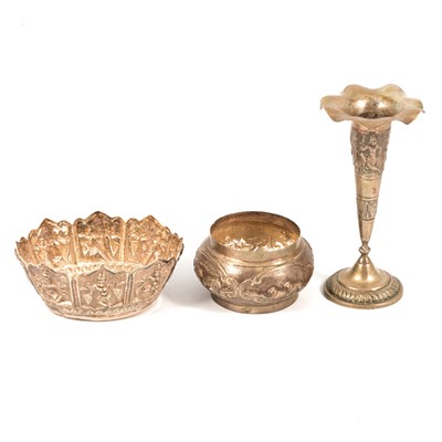 Lot 303A - Indian white metal bowl, Burmese bowl and a spill vase