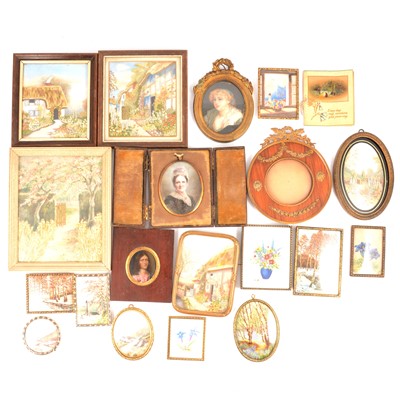 Lot 376 - Miniature portrait, miniature embroidered pictures, etc.