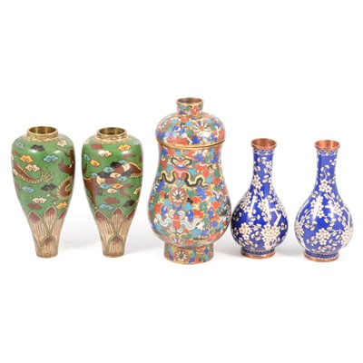 Lot 158 - Chinese cloisonne covered jar and two pairs of vases