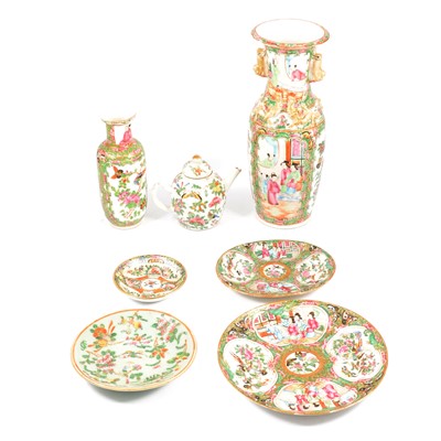 Lot 156 - Cantonese famille rose vase, another vase, dishes and a small teapot