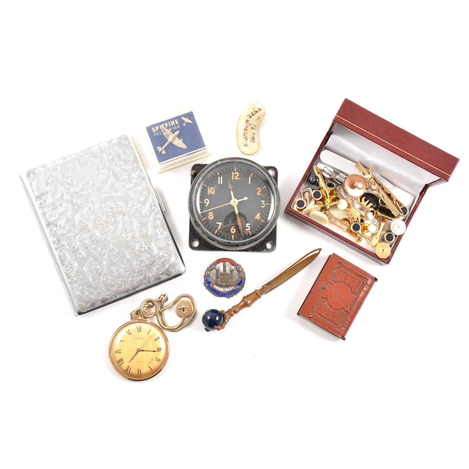 Lot 329 - An Air Ministry clock for a Supermarine Spitfire, modern pocket watch, and other collectables.