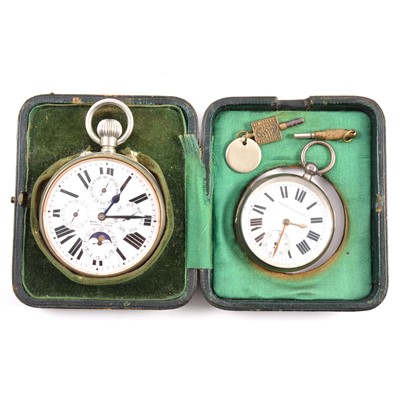 Lot 319 - Marcks & Co goliath pocket watch in travelling case and a silver pocket watch.