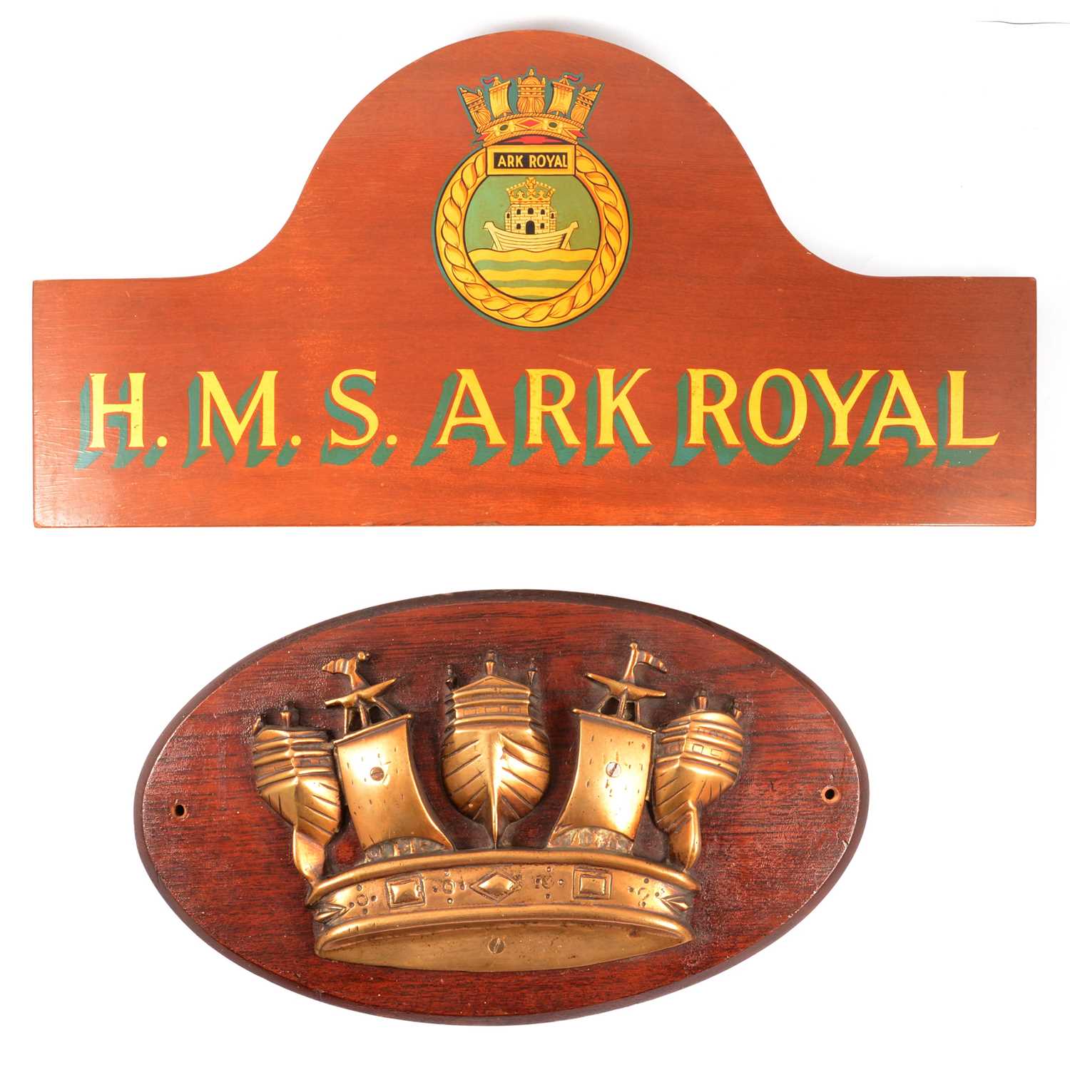 Lot 190 - H.M.S. Ark Royal name board and polished brass plaque.