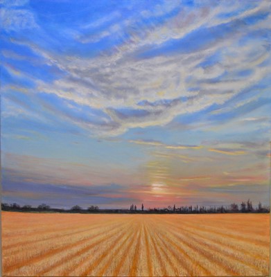 Lot 379 - Victor White (contemporary), Sunset over stubble field