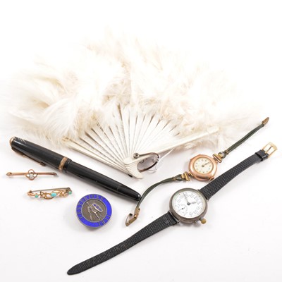 Lot 466 - A feather fan, pen, gold watch, two bar brooches.