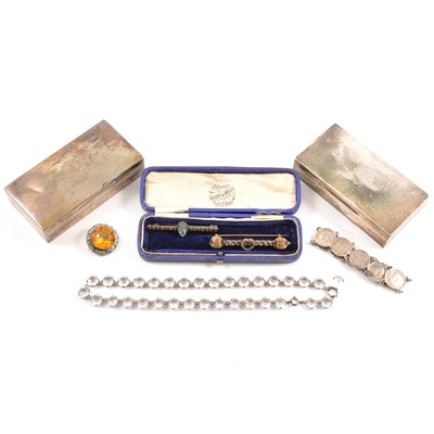 Lot 453 - Two silver boxes by Asprey of London, brooches, paste necklace.