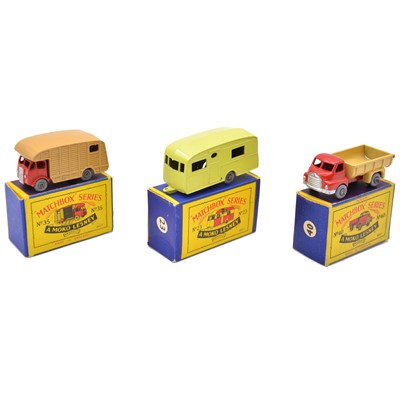 Lot 74 - Three Matchbox Series die-cast models, Berkeley caravan, horse box and tipper.