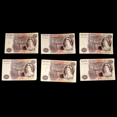 Lot 196 - Six Ten Pound notes, J Paige, Chief Cashier...