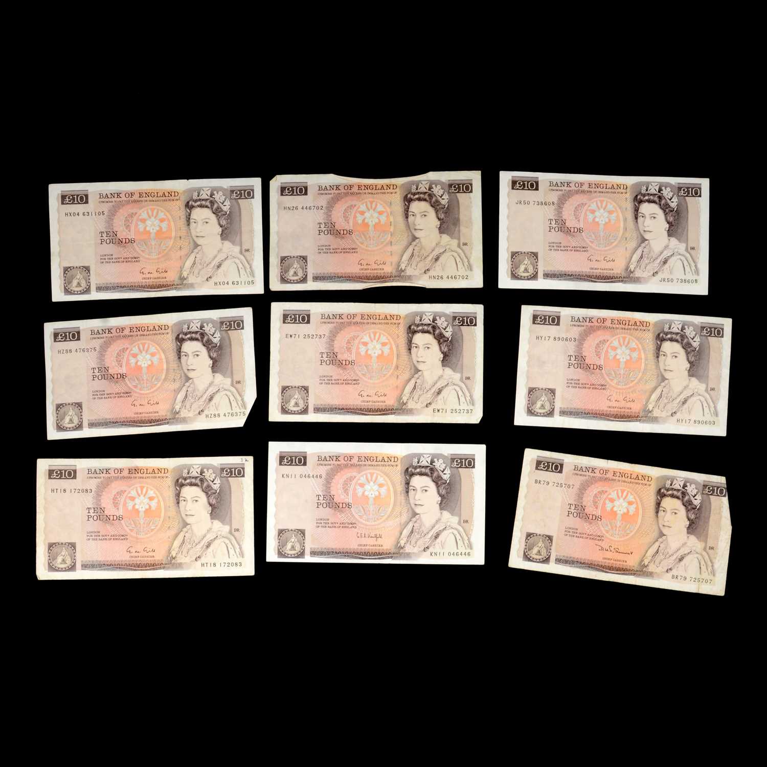 Nine Pound Note Lot 195 - Nine Ten Pound Notes, seven with M Gill,