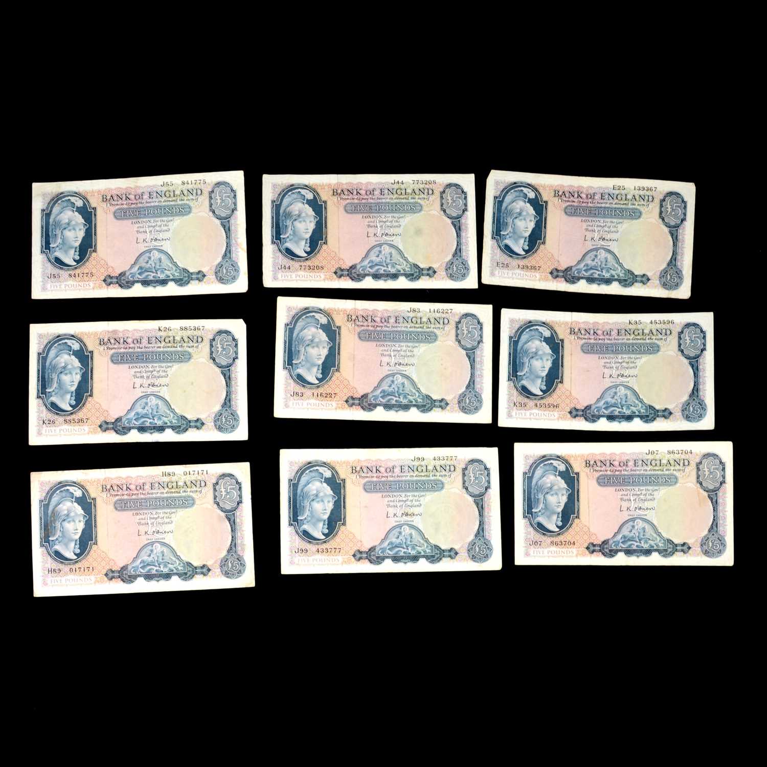 Lot 193 - Nine old Five Pound Notes (£5), L O'Brien,...