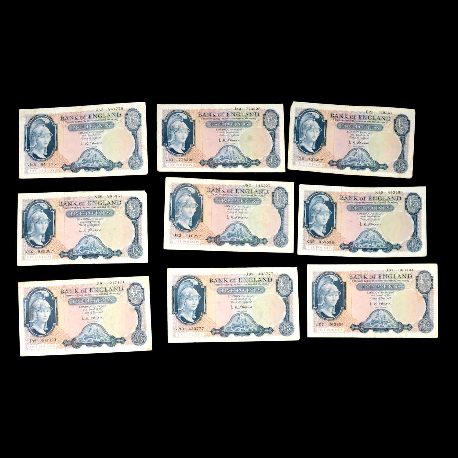 Nine Pound Note Lot 193 - Nine old Five Pound Notes (£5), L O'Brien,