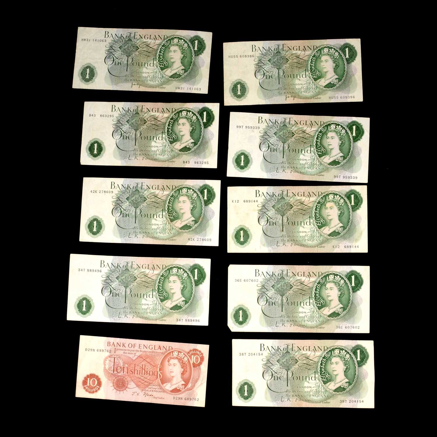 Lot 191 - Nine £1 notes and a ten shilling note,