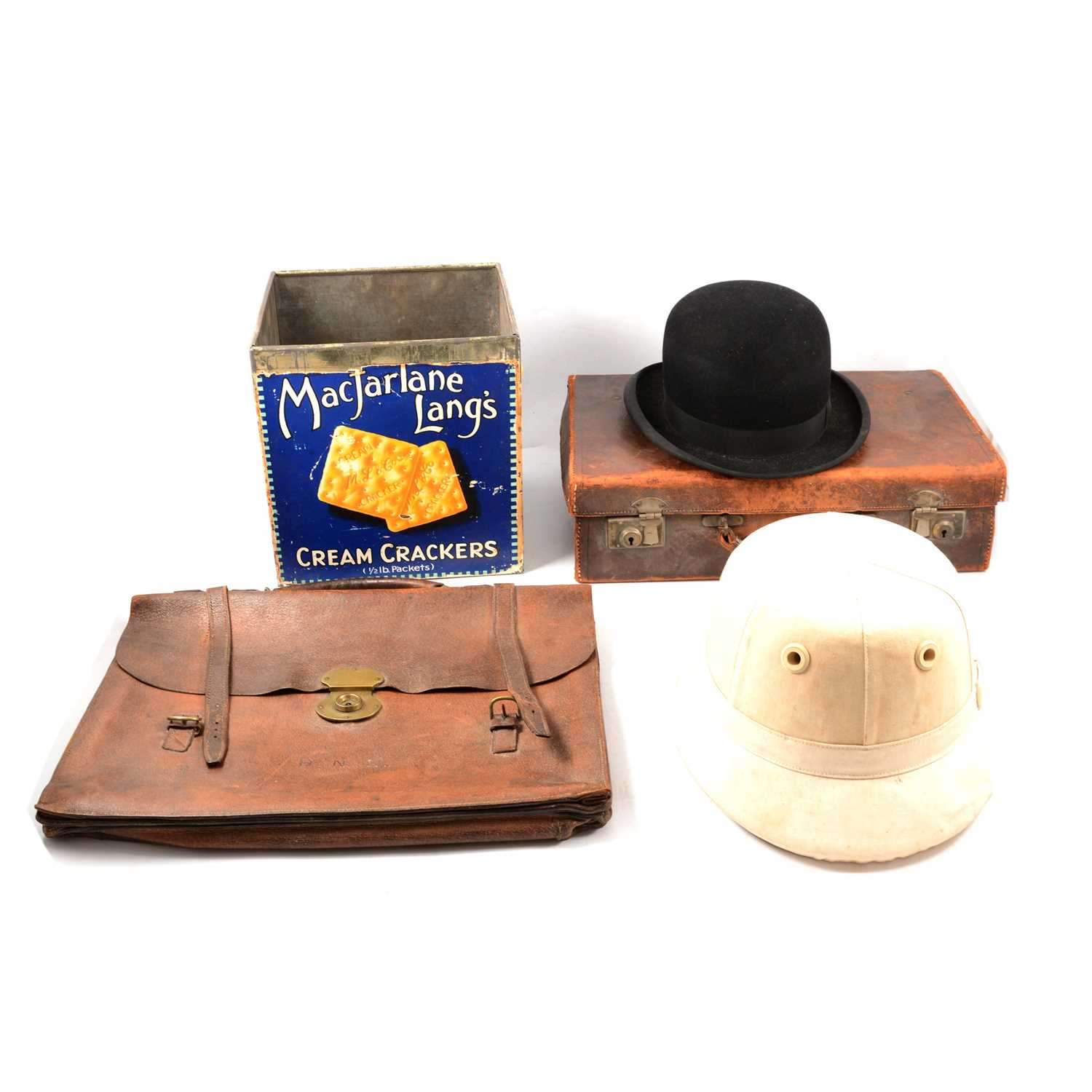 Lot 149 - A Polo Helmet, Bowler Hat, small case and briefcase, biscuit tin (lacking lid)