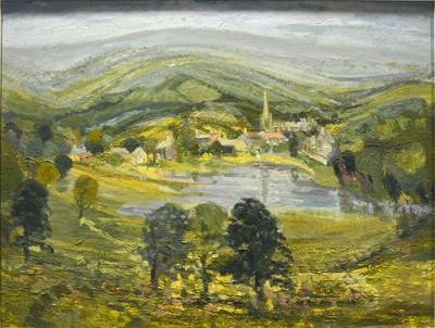 Lot 357 - Mary Lord. Fell, lake and village landscape.