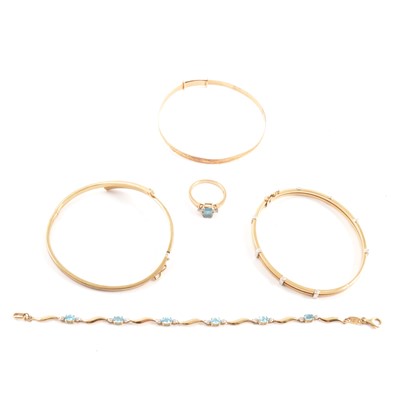 Lot 271 - Three gold bangles, bracelet and two rings.