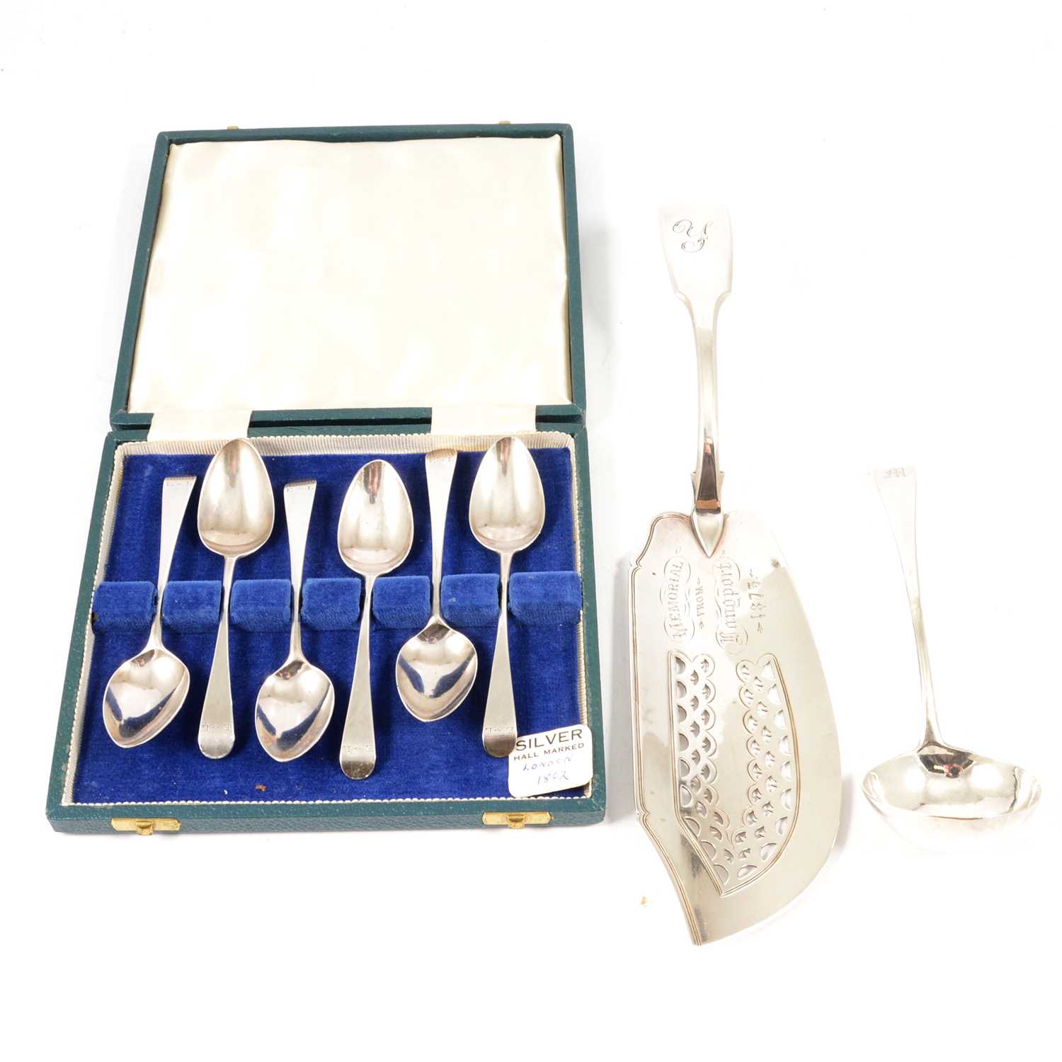 Lot 291 - Georgian silver fish slice, William & Samuel Knight, London 1815, sauce ladle and teaspoons.