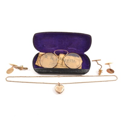 Lot 278 - A pair of 9 carat gold cufflinks, locket and chain, brooch, spectacles.