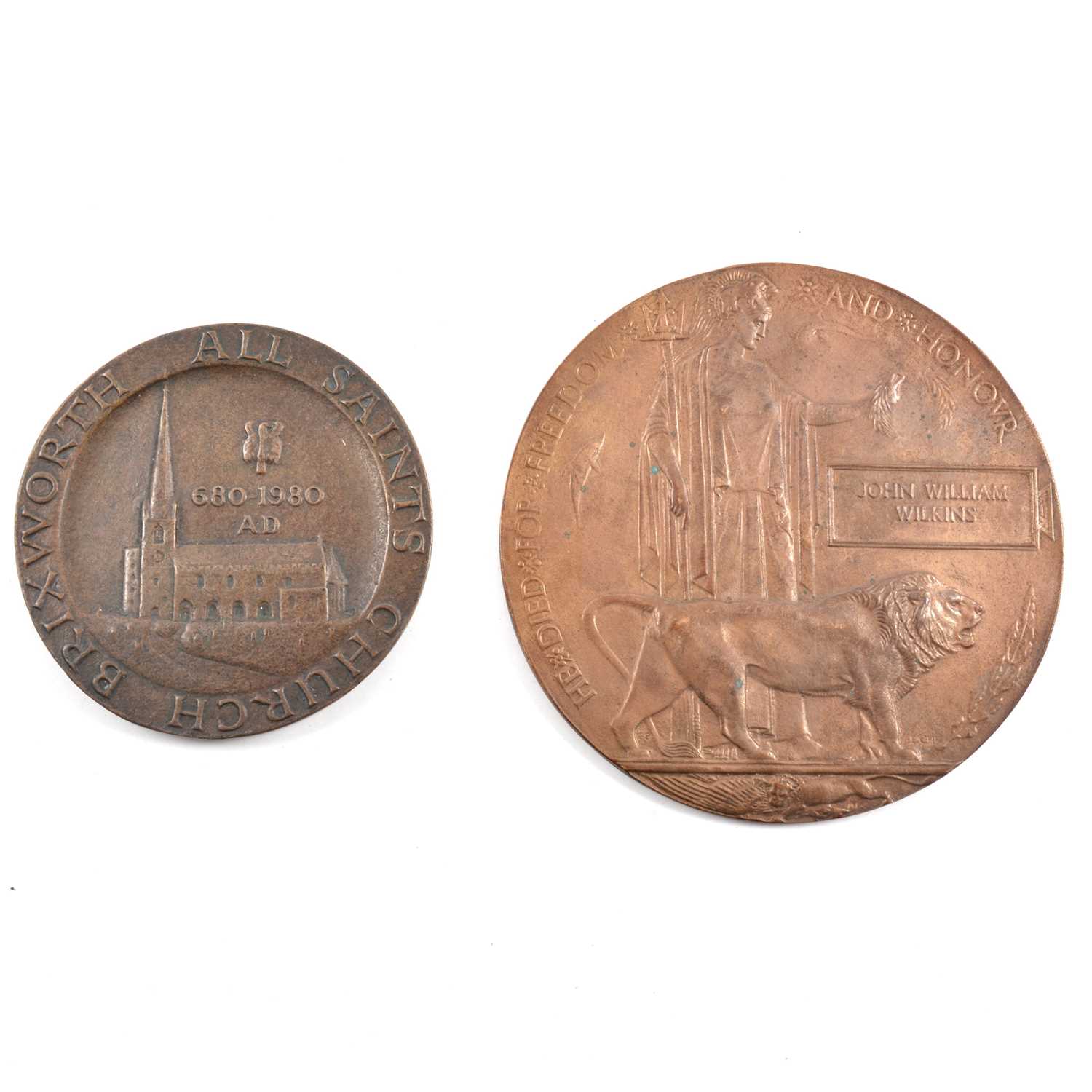 Lot 431 - John William Wilkins, a memorial death plaque and a bronze commemorate plaque Brixworth Church.