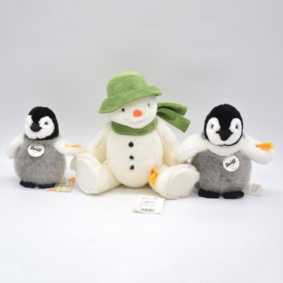 Lot 96 - Three Steiff teddy bears, 'The Snowman', 'Flaps' 18cm, 'Flaps' 16cm, with yellow tags and buttons