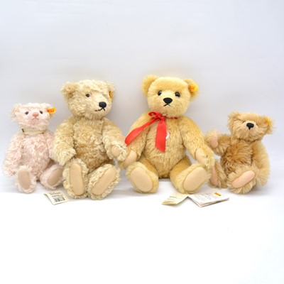 Lot 11 - Four Steiff teddy bears, 000669, 000171, 000379, 667732, with yellow tags and buttons