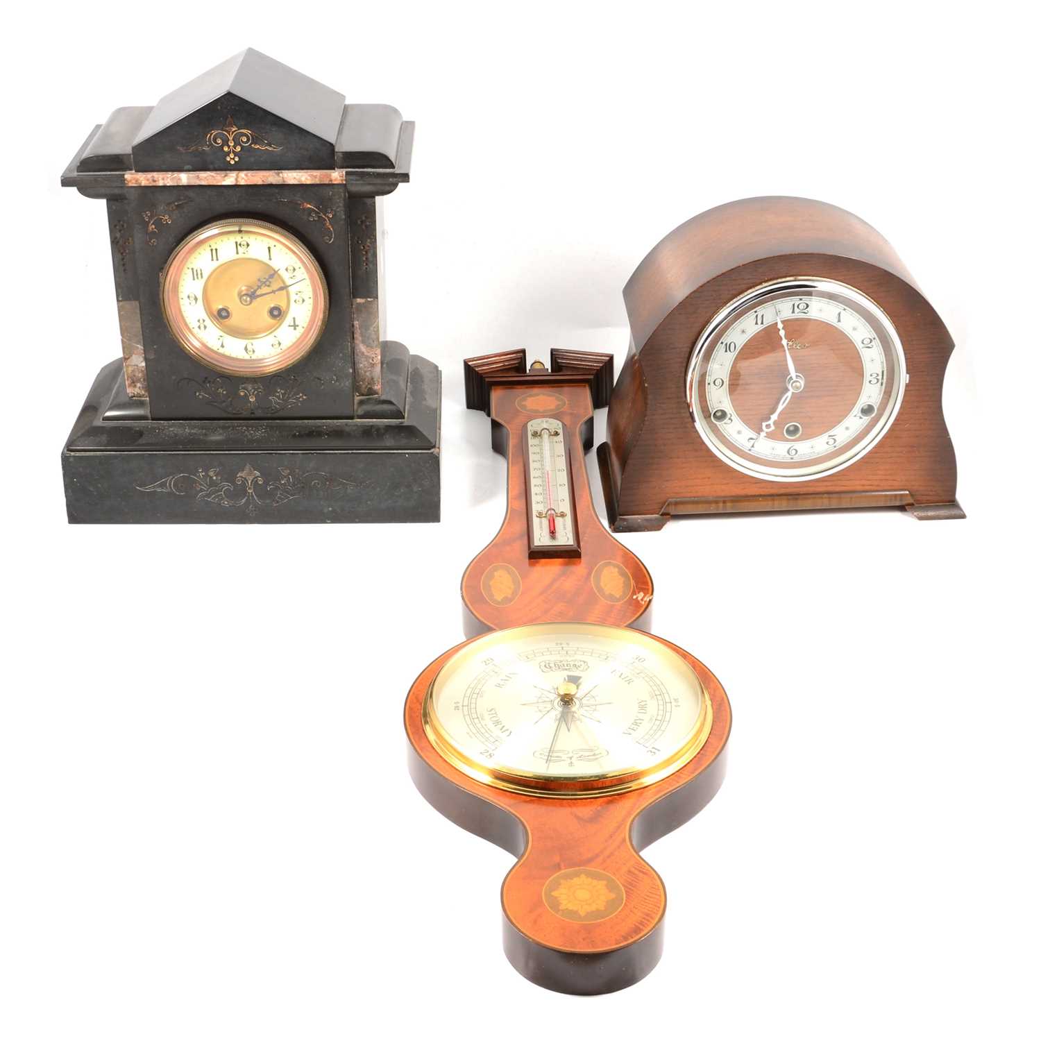 Lot 234 - Victorian slate and marble mantel clock, oak mantel clock and Comitti aneroid barometer