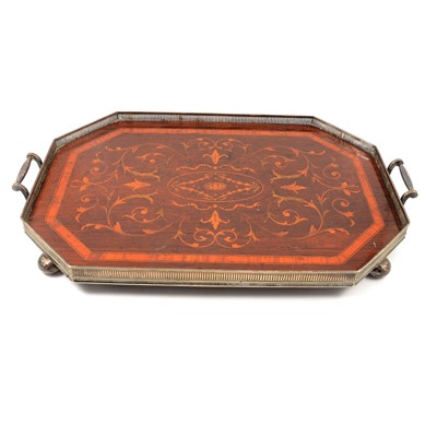 Lot 96 - An Edwardian inlaid tea tray with silver-plated gallery.