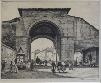 Lot 392 - After Jan Daum, Italian gateway, etching and near Swanbourne Station, watercolour