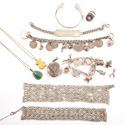 Lot 448 - Two silver charm bracelets, silver chains, pendants, white metal bracelets and other white metal items