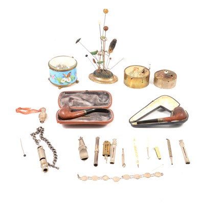 Lot 295 - Two Victorian small hand wind musical drums, rattle, porcelain trinket box, hat pins, pipes, pencils.