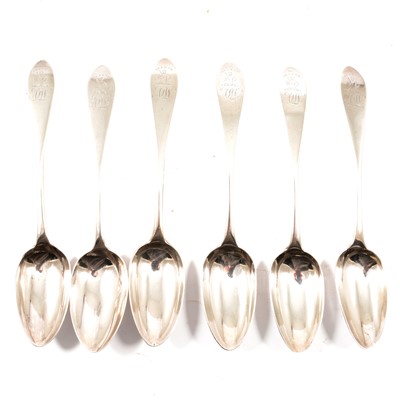 Lot 285 - Five Scottish silver tablespoons, Hewitt & Swan, Edinburgh 1788, and a matching tablespoon.