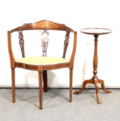 Lot 376 - Edwardian inlaid mahogany corner chair and wine table.