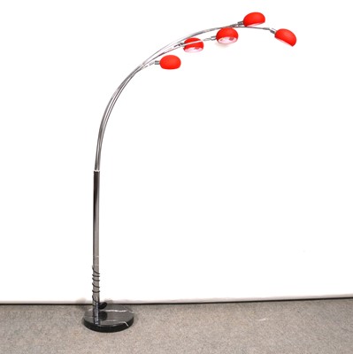 Lot 506 - Modern stainless steel five-branch floor lamp with red glass shades.