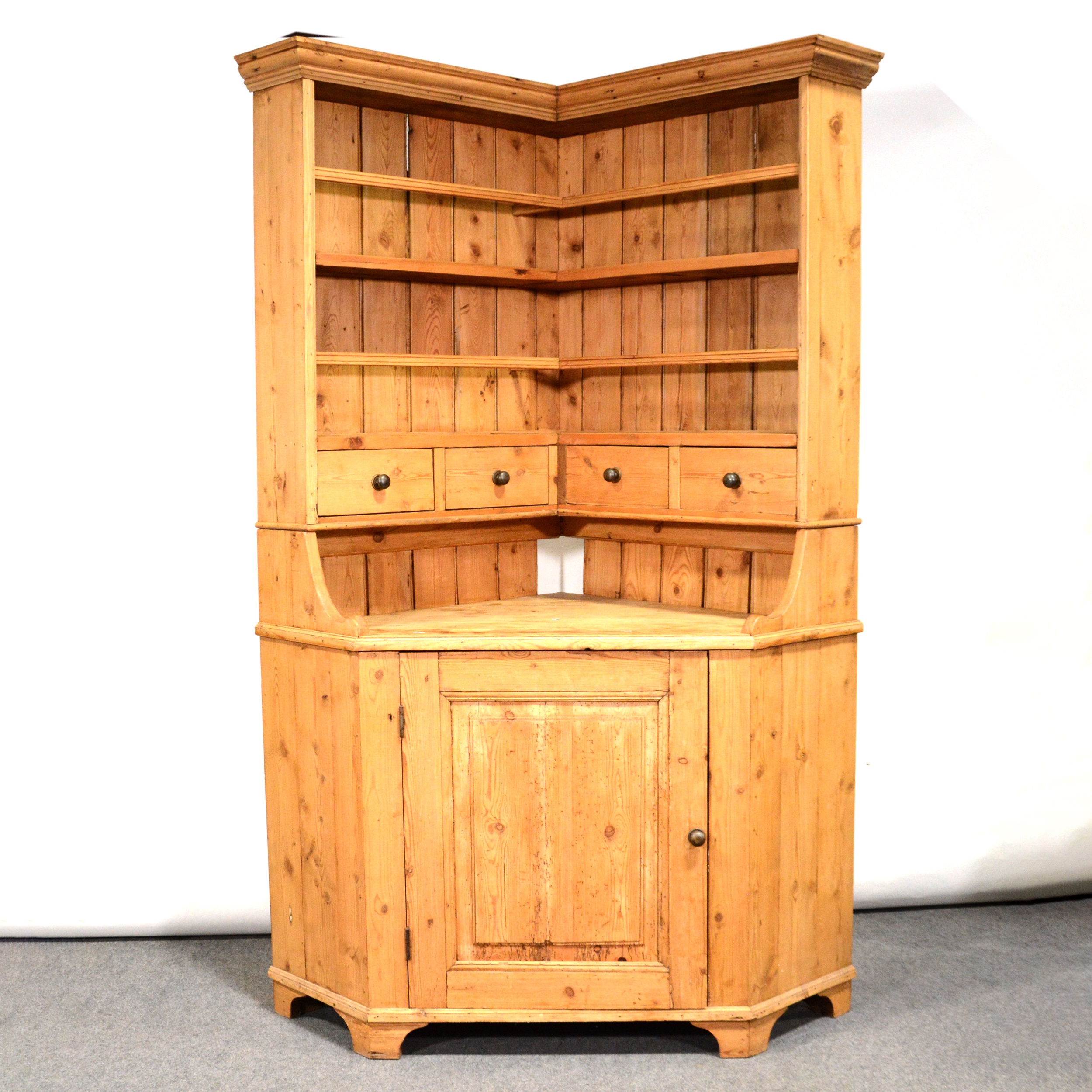 Lot 504 Pine farmhouse freestanding corner cupboard.,