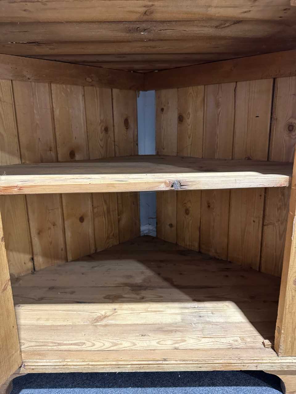 Lot 504 Pine farmhouse freestanding corner cupboard.,