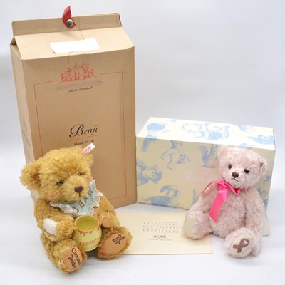 Lot 144 - Two Steiff Germany teddy bears 664472 'Breast Cancer Awareness bear', 665929 'Benji', both boxed with certificates.