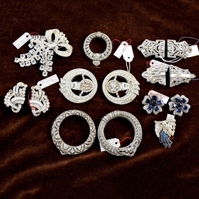 Lot 479 - Art Deco and later paste set dress clips and fur clips.