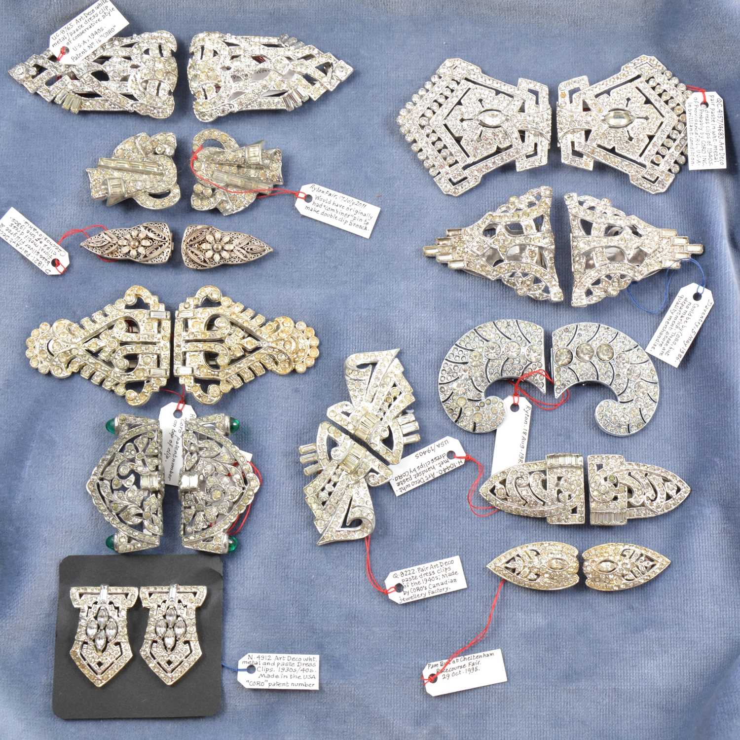Lot 478 - Twelve pairs of Art Deco and later paste set dress clips.
