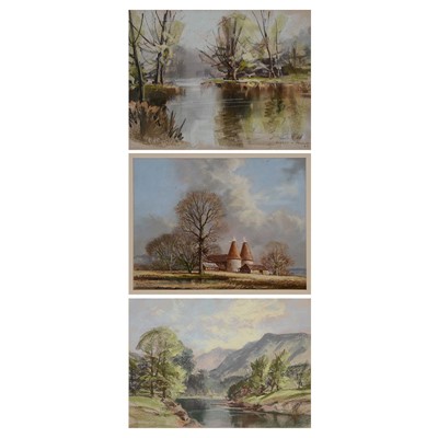 Lot 357 - Aubrey R Phillips, river and mountains, and a riverscape, and Richard Tearoe, Wealden Study.