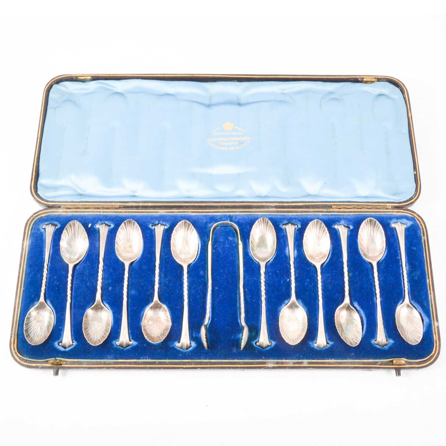 Lot 194 - Set of twelve silver teaspoons and tongs