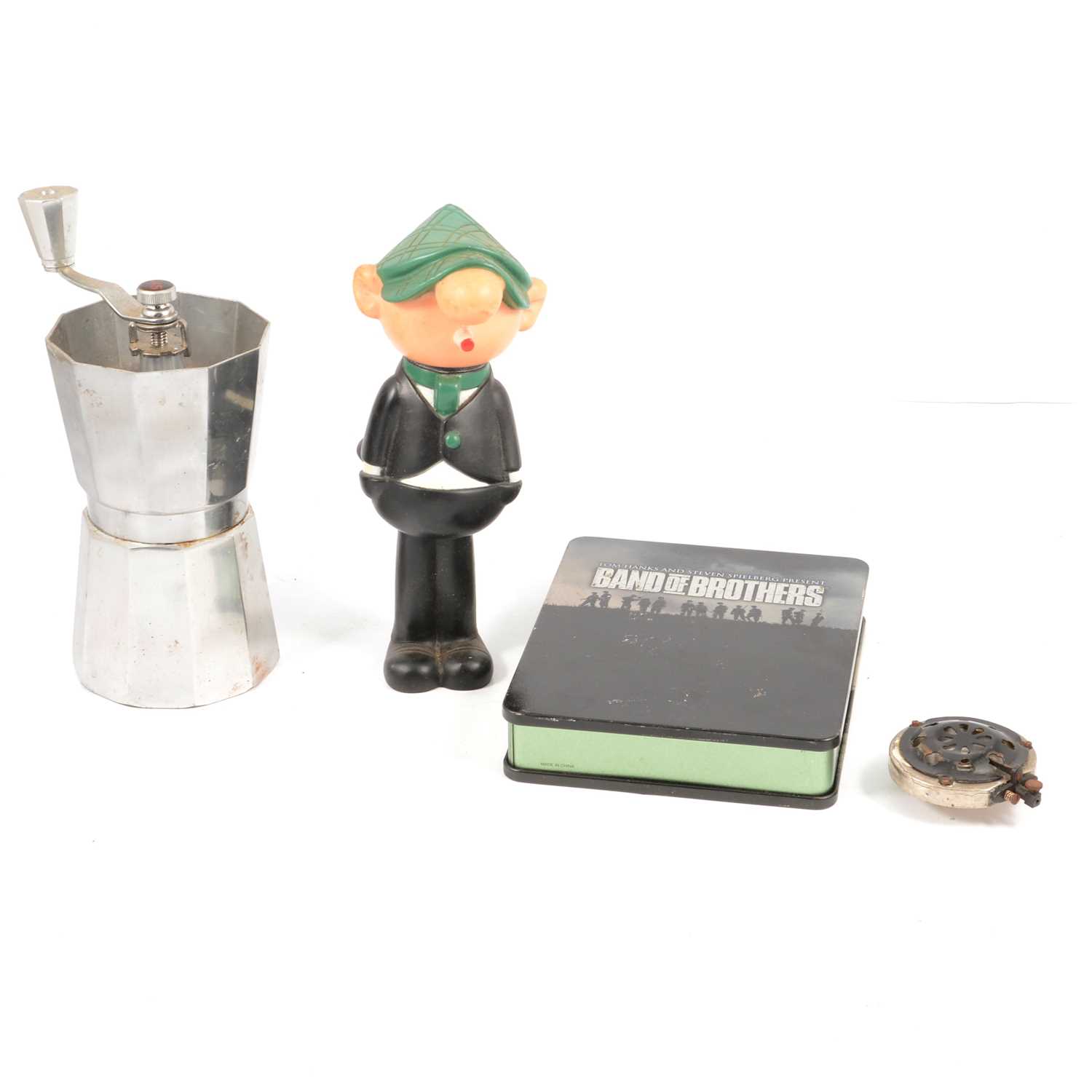 Lot 175 - Two boxes to include Andy Capp figure by Avon Cosmetics; vintage tins etc