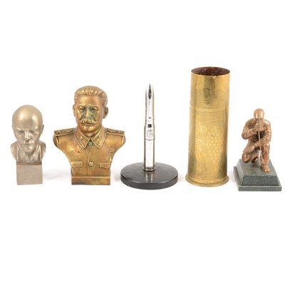 Lot 146 - Metal busts of Stalin and Lenin, golfing figure, trench art, etc