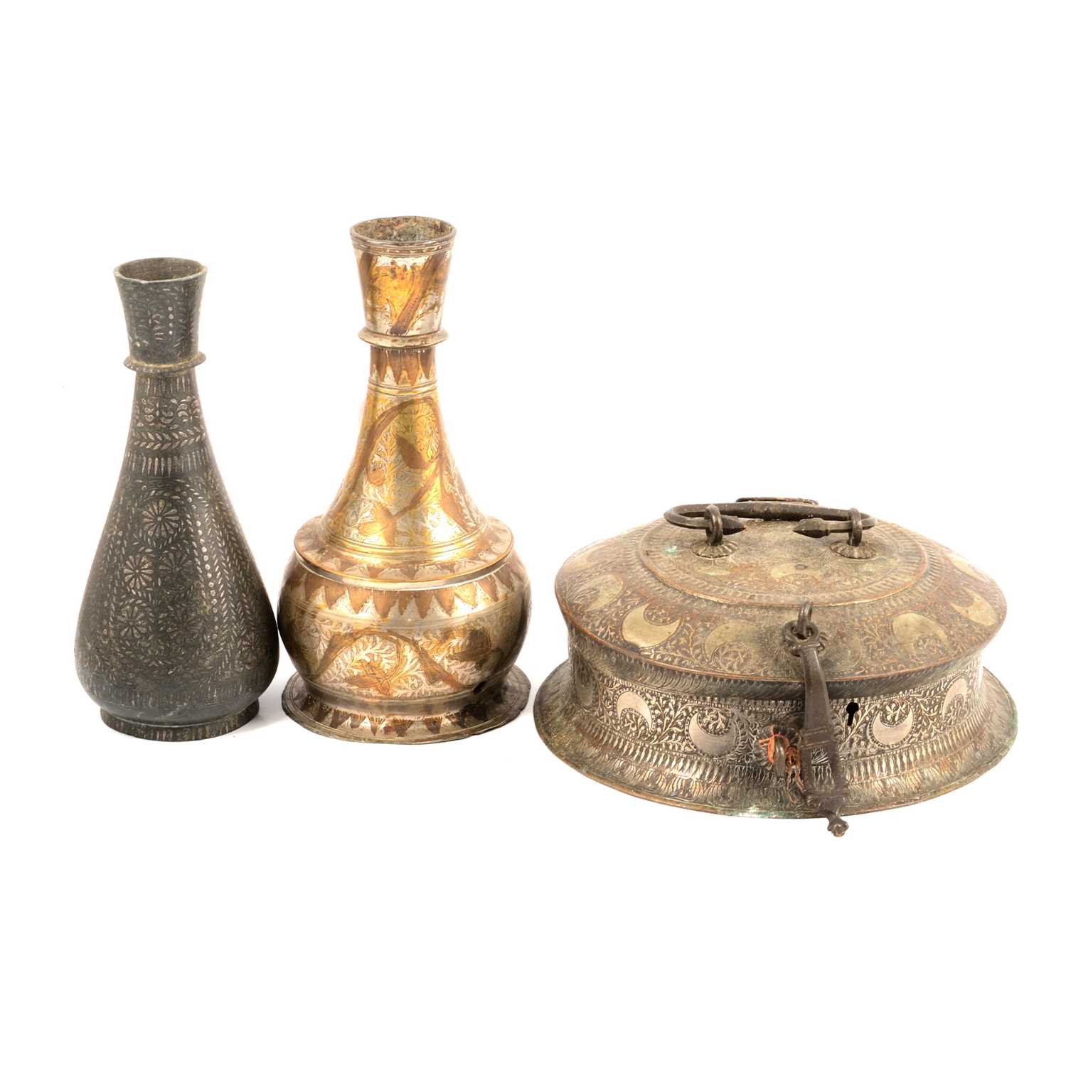 Lot 148 - Three Persian brass and metal vessels, and an enamlled cup