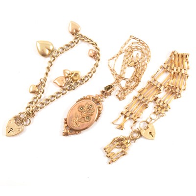 Lot 195 - Two gold bracelets, a gold-plated pendant and 9 carat gold chain.