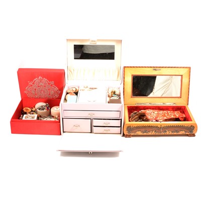 Lot 298 - Three jewel boxes with gold, white metal and costume jewellery.