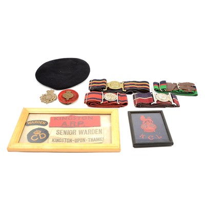 Lot 158 - Collection of Military belts, British military cap, framed WWII ARP swatches, etc