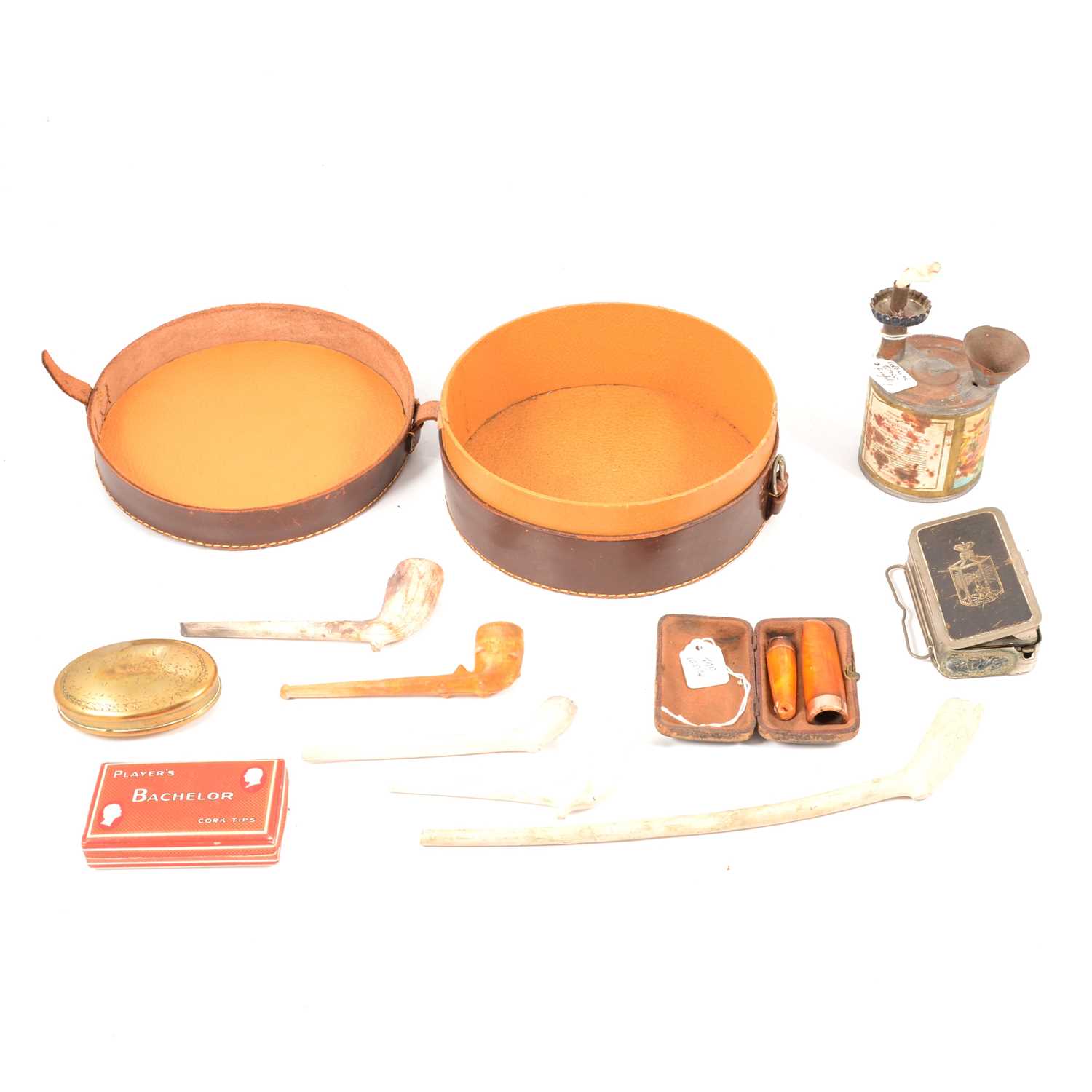 Lot 196 - Night lights, clay pipes, chewing tobacco box, cheroots and Player's Cork Tips box.