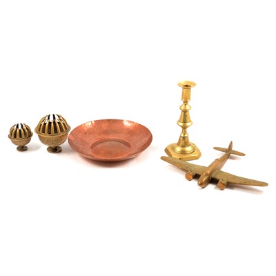 Lot 164 - Brass and copper wares, one box including copper hammered bowl; pair of brass candlesticks etc