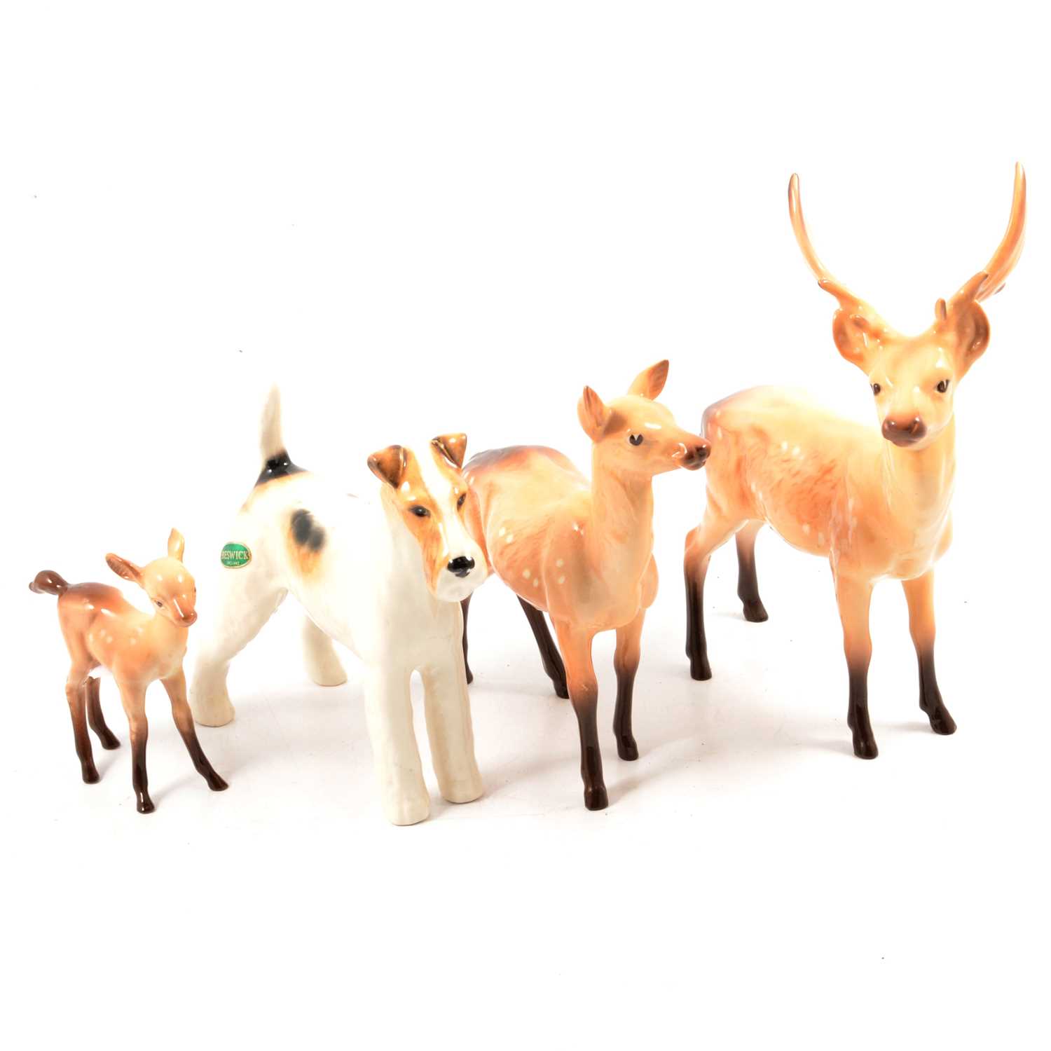 Lot 15 - Beswick Stag, Doe, Fawn and Wired-Haired Terrier 'Talavera Romulus'.