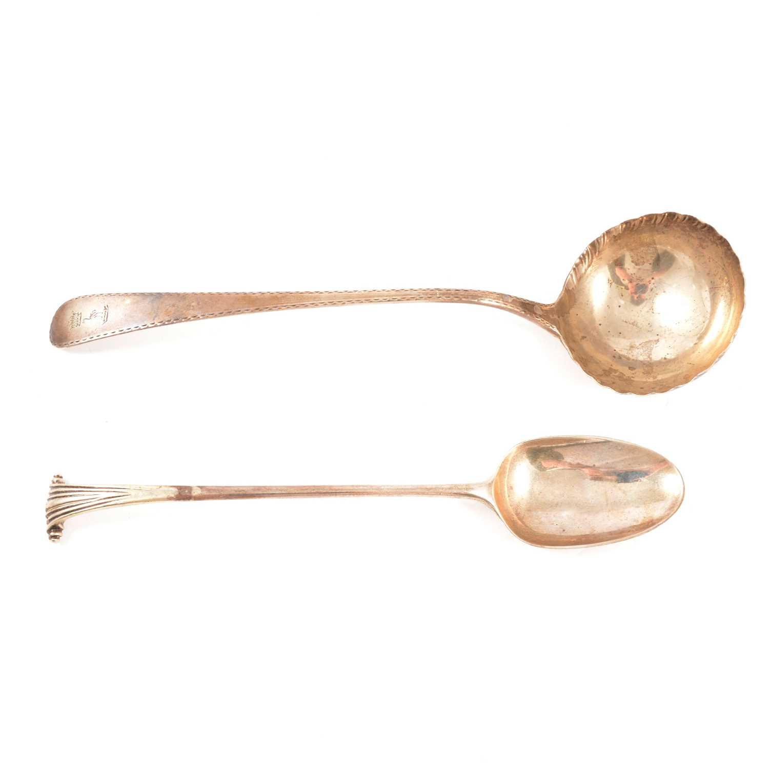 Lot 312 - Silver basting spoon, Thomas Devonshire & William Watkins, London 1760, and white metal ladle.