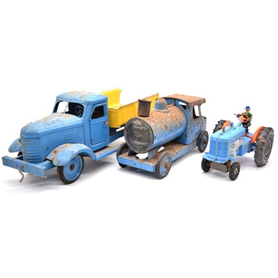 Lot 244 - Marx toy tractor; metal tipping truck; metal locomotive.